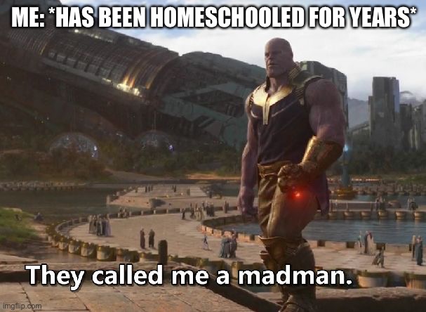 Thanos they called me a madman | ME: *HAS BEEN HOMESCHOOLED FOR YEARS* | image tagged in thanos they called me a madman | made w/ Imgflip meme maker