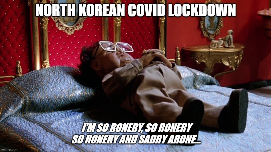 DPRK Lockdown |  NORTH KOREAN COVID LOCKDOWN; I'M SO RONERY, SO RONERY
SO RONERY AND SADRY ARONE... | image tagged in covid-19,lockdown,north korea,kim jong il,team america | made w/ Imgflip meme maker