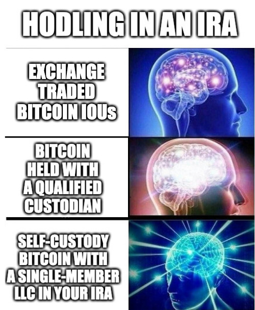 the savings potential is mind blowing | EXCHANGE TRADED BITCOIN IOUs | image tagged in bitcoin,galaxy brain,expanding brain,btc,cryptocurrency | made w/ Imgflip meme maker