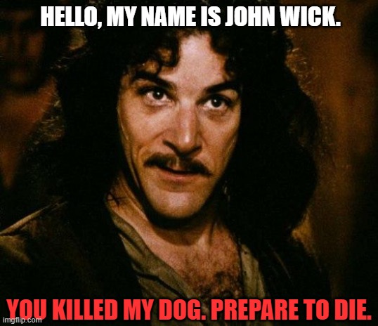 John Wick style | HELLO, MY NAME IS JOHN WICK. YOU KILLED MY DOG. PREPARE TO DIE. | image tagged in memes,inigo montoya | made w/ Imgflip meme maker