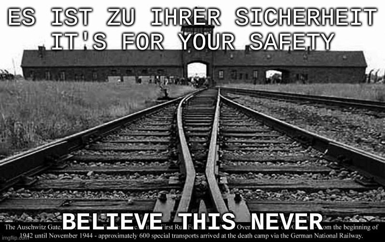 Mass Deception | ES IST ZU IHRER SICHERHEIT
IT'S FOR YOUR SAFETY; BELIEVE THIS NEVER | image tagged in holocaust,deception | made w/ Imgflip meme maker
