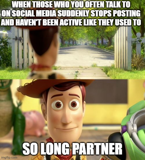 When you haven't talked to someone on social media for a while | WHEN THOSE WHO YOU OFTEN TALK TO ON SOCIAL MEDIA SUDDENLY STOPS POSTING AND HAVEN'T BEEN ACTIVE LIKE THEY USED TO; SO LONG PARTNER | image tagged in so long partner | made w/ Imgflip meme maker