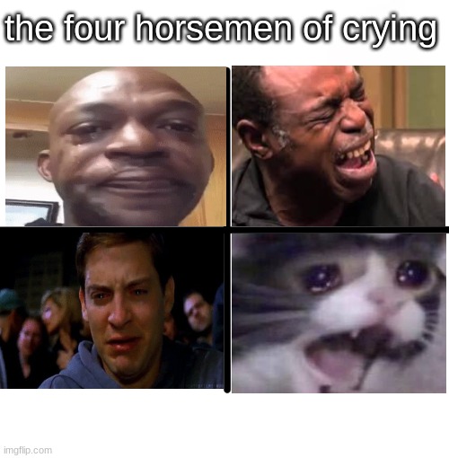 the last ones a cat, just ignore that | the four horsemen of crying | image tagged in memes,blank starter pack,funny memes,funny | made w/ Imgflip meme maker