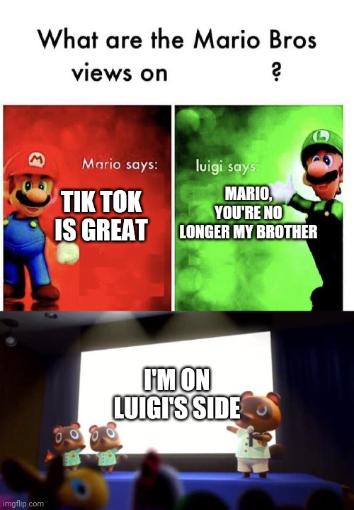 MARIO, YOU'RE NO LONGER MY BROTHER; TIK TOK IS GREAT; I'M ON LUIGI'S SIDE | image tagged in mario bros views,tom nook presentation | made w/ Imgflip meme maker