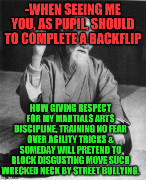 -The excellent program which teaching to avoid common aggression. |  -WHEN SEEING ME YOU, AS PUPIL, SHOULD TO COMPLETE A BACKFLIP; HOW GIVING RESPECT FOR MY MARTIALS ARTS DISCIPLINE, TRAINING NO FEAR OVER AGILITY TRICKS & SOMEDAY WILL PRETEND TO BLOCK DISGUSTING MOVE SUCH WRECKED NECK BY STREET BULLYING. | image tagged in aikido master,martial arts,discipline,backflip,angry teacher,good guy teacher | made w/ Imgflip meme maker