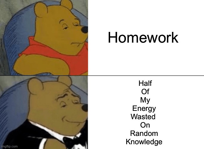 Tuxedo Winnie The Pooh | Homework; Half
Of
My
Energy 
Wasted  
On
Random 
Knowledge | image tagged in memes,tuxedo winnie the pooh,funny memes,imgflip humor,imgflip community,so true memes | made w/ Imgflip meme maker