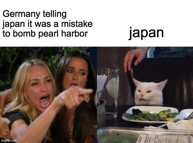 WW2 | Germany telling japan it was a mistake to bomb pearl harbor; japan | image tagged in memes,woman yelling at cat,ww2,funny,baby jesus for moderator | made w/ Imgflip meme maker
