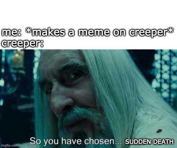 im gonna blow up | me: *makes a meme on creeper*
creeper:; SUDDEN DEATH | image tagged in so you have chosen death | made w/ Imgflip meme maker