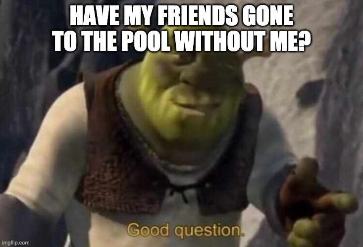 have they??? | HAVE MY FRIENDS GONE TO THE POOL WITHOUT ME? | image tagged in shrek good question | made w/ Imgflip meme maker