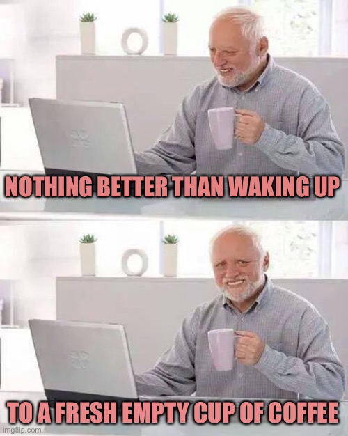 Thanks to my wife | NOTHING BETTER THAN WAKING UP; TO A FRESH EMPTY CUP OF COFFEE | image tagged in memes,hide the pain harold | made w/ Imgflip meme maker
