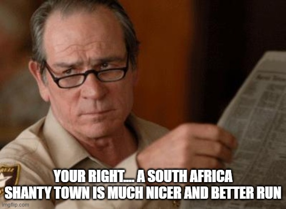 Tommy Lee Jones | YOUR RIGHT.... A SOUTH AFRICA SHANTY TOWN IS MUCH NICER AND BETTER RUN | image tagged in tommy lee jones | made w/ Imgflip meme maker