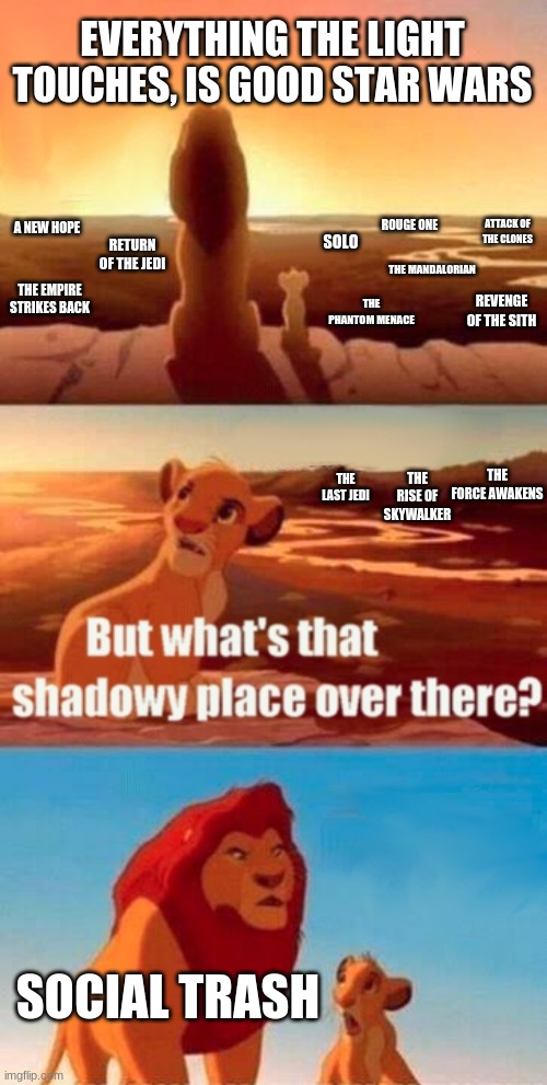 Simba Shadowy Place | EVERYTHING THE LIGHT TOUCHES, IS GOOD STAR WARS; ATTACK OF THE CLONES; A NEW HOPE; ROUGE ONE; SOLO; RETURN OF THE JEDI; THE MANDALORIAN; THE EMPIRE STRIKES BACK; THE PHANTOM MENACE; REVENGE OF THE SITH; THE FORCE AWAKENS; THE RISE OF SKYWALKER; THE LAST JEDI; SOCIAL TRASH | image tagged in memes,simba shadowy place | made w/ Imgflip meme maker