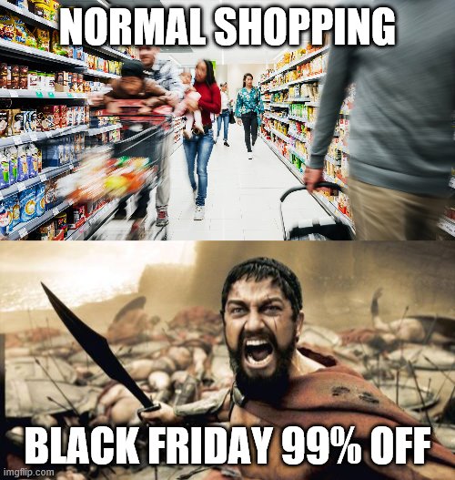 NORMAL SHOPPING; BLACK FRIDAY 99% OFF | image tagged in memes,sparta leonidas | made w/ Imgflip meme maker