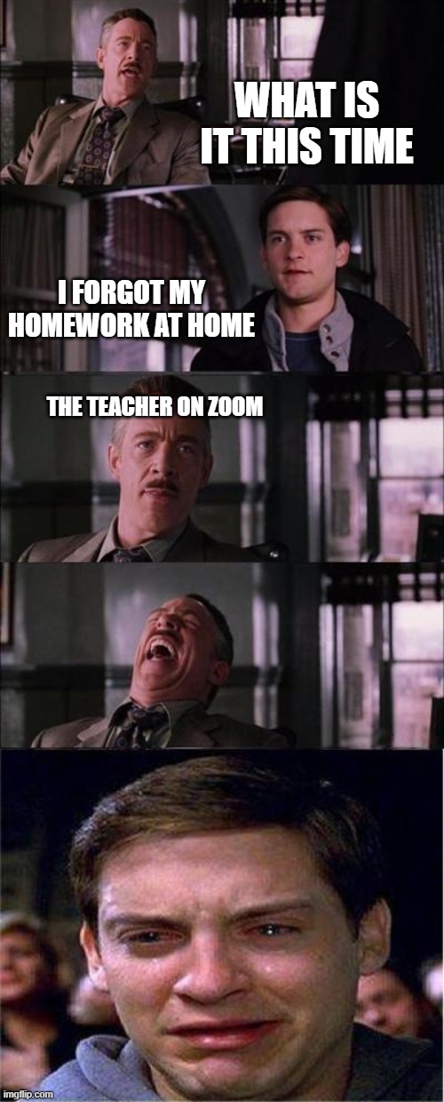 Zoom be like | WHAT IS IT THIS TIME; I FORGOT MY HOMEWORK AT HOME; THE TEACHER ON ZOOM | image tagged in memes,peter parker cry | made w/ Imgflip meme maker