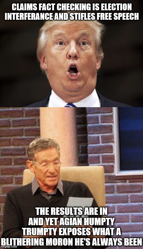 CLAIMS FACT CHECKING IS ELECTION INTERFERANCE AND STIFLES FREE SPEECH; THE RESULTS ARE IN AND YET AGIAN HUMPTY TRUMPTY EXPOSES WHAT A BLITHERING MORON HE'S ALWAYS BEEN | image tagged in memes,maury lie detector,crazy trump | made w/ Imgflip meme maker