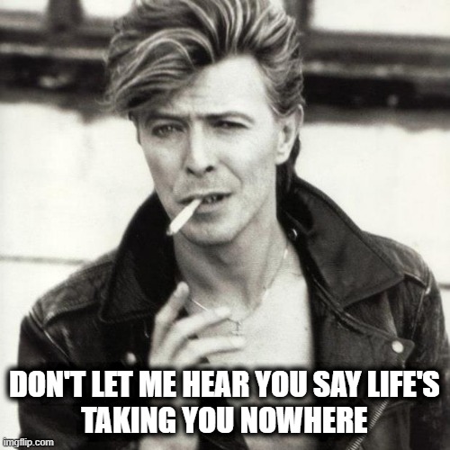 David Bowie | DON'T LET ME HEAR YOU SAY LIFE'S
TAKING YOU NOWHERE | image tagged in david bowie | made w/ Imgflip meme maker