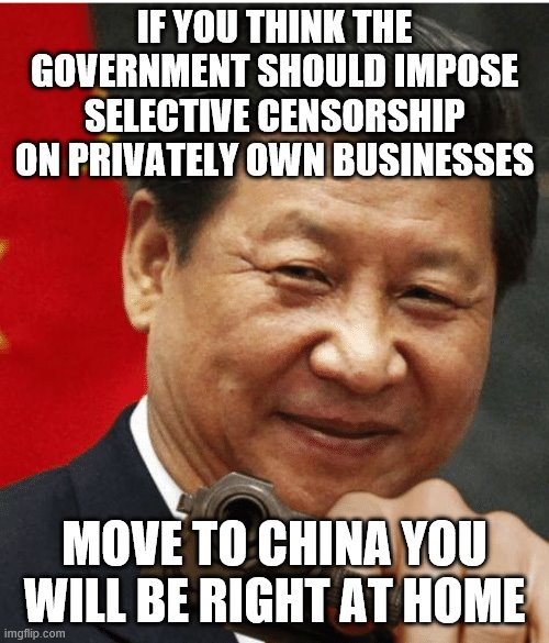 Xi Jinping | IF YOU THINK THE GOVERNMENT SHOULD IMPOSE SELECTIVE CENSORSHIP ON PRIVATELY OWN BUSINESSES; MOVE TO CHINA YOU WILL BE RIGHT AT HOME | image tagged in xi jinping | made w/ Imgflip meme maker