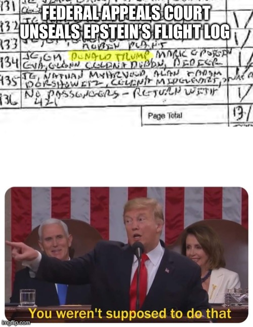 *Busted* Trump Epstein Connection | FEDERAL APPEALS COURT UNSEALS EPSTEIN’S FLIGHT LOG | image tagged in donald trump,jeffrey epstein,president trump | made w/ Imgflip meme maker