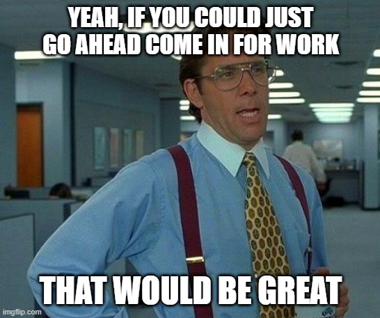 I can work from home, why would I do that? | YEAH, IF YOU COULD JUST GO AHEAD COME IN FOR WORK; THAT WOULD BE GREAT | image tagged in memes,that would be great | made w/ Imgflip meme maker