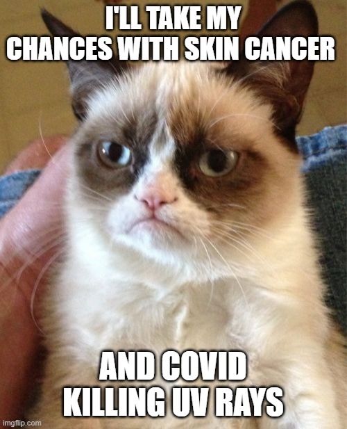 Grumpy Cat Meme | I'LL TAKE MY CHANCES WITH SKIN CANCER AND COVID KILLING UV RAYS | image tagged in memes,grumpy cat | made w/ Imgflip meme maker