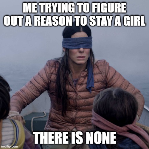Bird Box | ME TRYING TO FIGURE OUT A REASON TO STAY A GIRL; THERE IS NONE | image tagged in memes,bird box | made w/ Imgflip meme maker
