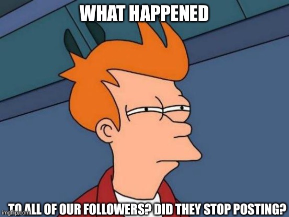 Futurama Fry | WHAT HAPPENED; TO ALL OF OUR FOLLOWERS? DID THEY STOP POSTING? | image tagged in memes,futurama fry | made w/ Imgflip meme maker