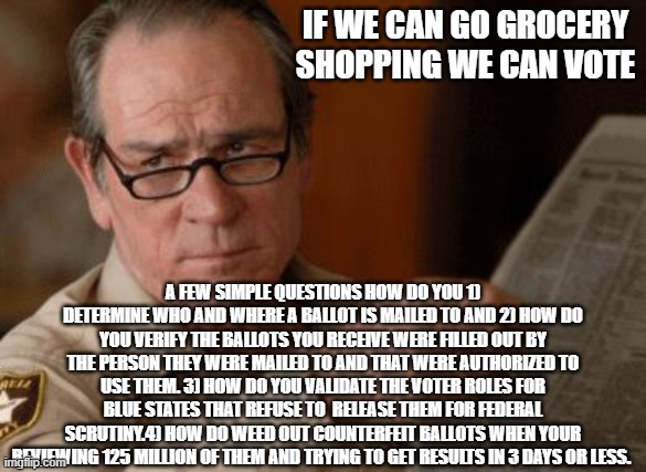 Tommy Lee Jones | IF WE CAN GO GROCERY SHOPPING WE CAN VOTE A FEW SIMPLE QUESTIONS HOW DO YOU 1) DETERMINE WHO AND WHERE A BALLOT IS MAILED TO AND 2) HOW DO Y | image tagged in tommy lee jones | made w/ Imgflip meme maker