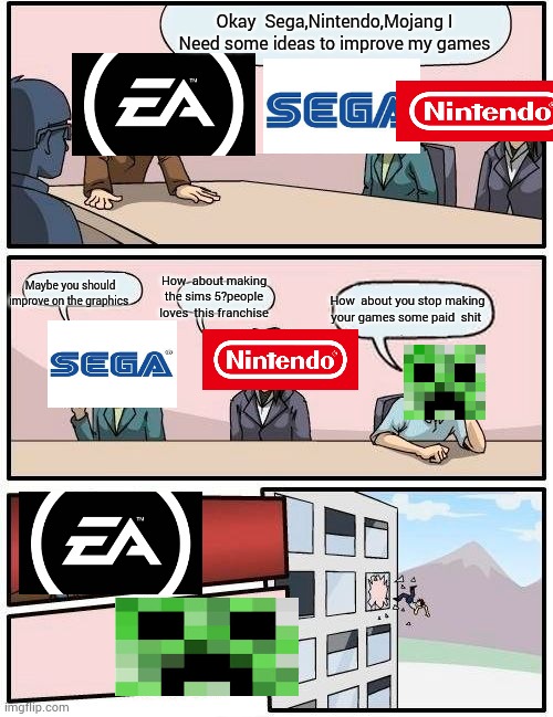 Ea  games in a nutshell | Okay  Sega,Nintendo,Mojang I Need some ideas to improve my games; Maybe you should improve on the graphics; How  about making the sims 5?people loves  this franchise; How  about you stop making your games some paid  shit | image tagged in memes,boardroom meeting suggestion | made w/ Imgflip meme maker