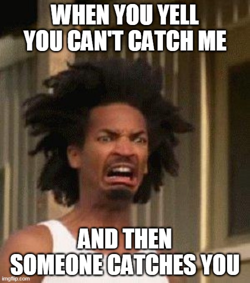 Me playing Tag | WHEN YOU YELL YOU CAN'T CATCH ME; AND THEN SOMEONE CATCHES YOU | image tagged in disgusted face | made w/ Imgflip meme maker