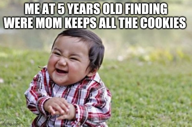 Evil Toddler | ME AT 5 YEARS OLD FINDING WERE MOM KEEPS ALL THE COOKIES | image tagged in memes,evil toddler | made w/ Imgflip meme maker