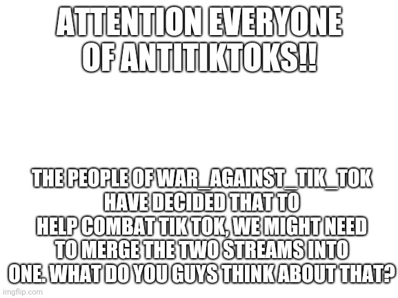 I think this could help us destroy Tik Tok even more if we merge together into one | ATTENTION EVERYONE OF ANTITIKTOKS!! THE PEOPLE OF WAR_AGAINST_TIK_TOK HAVE DECIDED THAT TO HELP COMBAT TIK TOK, WE MIGHT NEED TO MERGE THE TWO STREAMS INTO ONE. WHAT DO YOU GUYS THINK ABOUT THAT? | image tagged in blank white template,anti tik tok | made w/ Imgflip meme maker