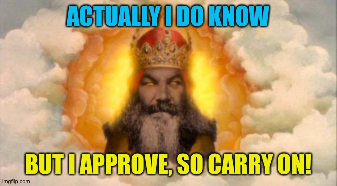 monty python god | ACTUALLY I DO KNOW BUT I APPROVE, SO CARRY ON! | image tagged in monty python god | made w/ Imgflip meme maker
