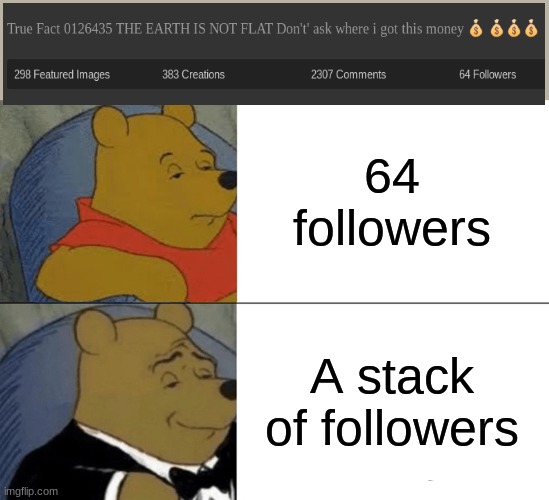 Tuxedo Winnie The Pooh | 64 followers; A stack of followers | image tagged in memes,tuxedo winnie the pooh | made w/ Imgflip meme maker