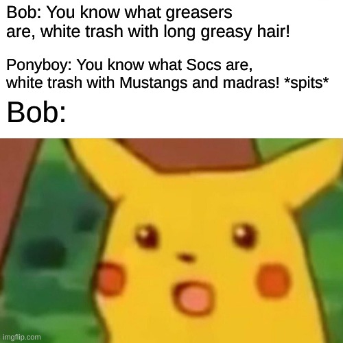 The Outsiders!!! | Bob: You know what greasers are, white trash with long greasy hair! Ponyboy: You know what Socs are, white trash with Mustangs and madras! *spits*; Bob: | image tagged in memes,surprised pikachu | made w/ Imgflip meme maker