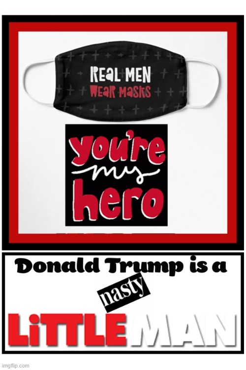 Real Men Wear Masks_you're my Hero_Donald Trump is a little Nasty Man | image tagged in real men wear masks,donald trump is a little nasty man,us distress | made w/ Imgflip meme maker