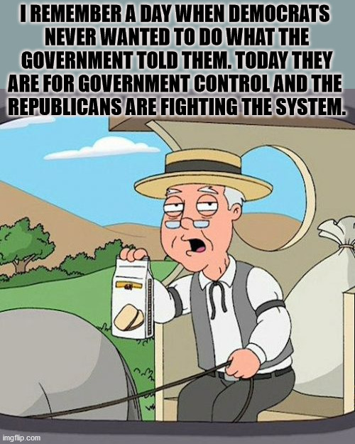 Roles have somewhat switched. | I REMEMBER A DAY WHEN DEMOCRATS 
NEVER WANTED TO DO WHAT THE GOVERNMENT TOLD THEM. TODAY THEY ARE FOR GOVERNMENT CONTROL AND THE 
REPUBLICANS ARE FIGHTING THE SYSTEM. | image tagged in memes,pepperidge farm remembers,democrats | made w/ Imgflip meme maker