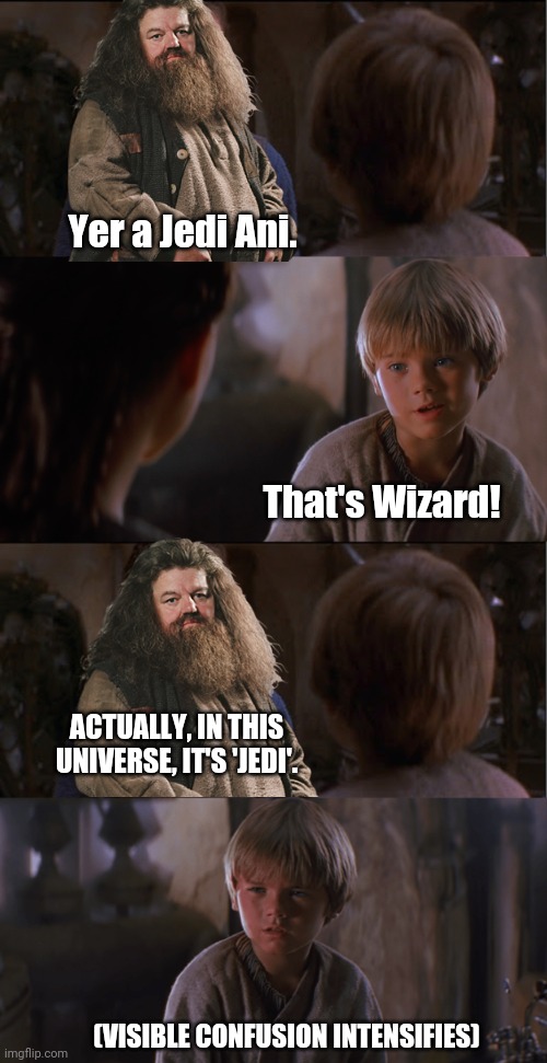 REALLY bad prequel crossover memes presents: | Yer a Jedi Ani. That's Wizard! ACTUALLY, IN THIS UNIVERSE, IT'S 'JEDI'. (VISIBLE CONFUSION INTENSIFIES) | image tagged in star wars prequels,harry potter,hagrid,anakin,bad memes,crossover | made w/ Imgflip meme maker