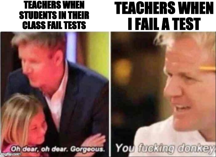 This is true for me tho :( | TEACHERS WHEN STUDENTS IN THEIR CLASS FAIL TESTS; TEACHERS WHEN I FAIL A TEST | image tagged in oh dear oh dear gorgeous,school meme | made w/ Imgflip meme maker