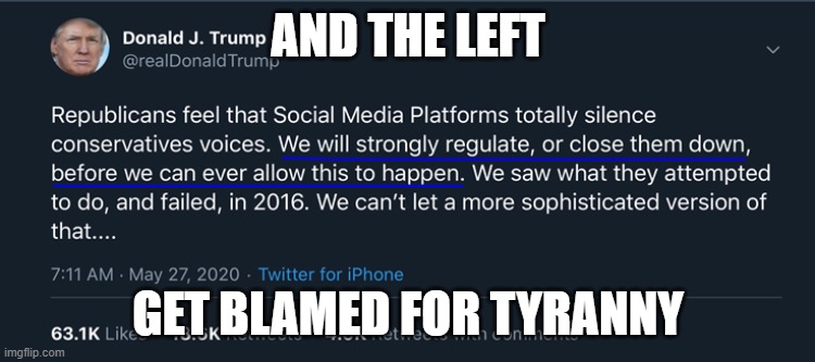 WTF!  You didn't just tweet that?!!! | AND THE LEFT; GET BLAMED FOR TYRANNY | image tagged in donald trump,trump | made w/ Imgflip meme maker