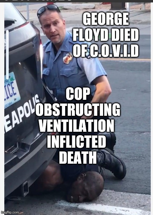 George Floyd | GEORGE FLOYD DIED OF C.O.V.I.D; COP

OBSTRUCTING

VENTILATION 

INFLICTED 

DEATH | image tagged in political meme,police brutality,police officer,killing,murder | made w/ Imgflip meme maker