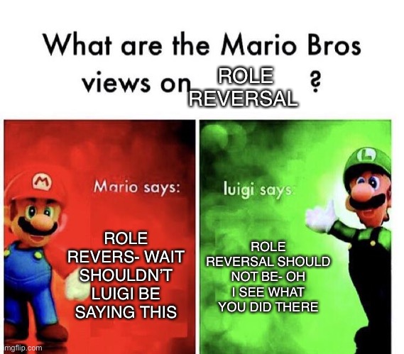 Role Reversal | ROLE REVERSAL; ROLE REVERS- WAIT SHOULDN’T LUIGI BE SAYING THIS; ROLE REVERSAL SHOULD NOT BE- OH I SEE WHAT YOU DID THERE | image tagged in mario bros views | made w/ Imgflip meme maker