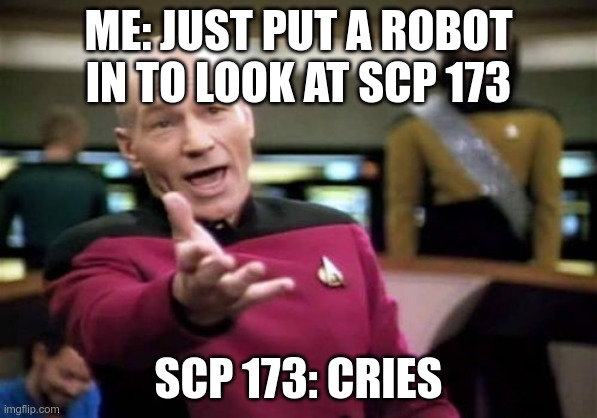 Picard Wtf Meme | ME: JUST PUT A ROBOT IN TO LOOK AT SCP 173; SCP 173: CRIES | image tagged in memes,picard wtf | made w/ Imgflip meme maker