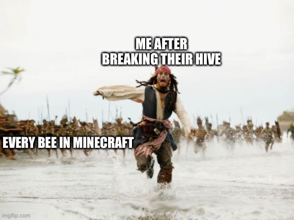 Jack Sparrow Being Chased | ME AFTER BREAKING THEIR HIVE; EVERY BEE IN MINECRAFT | image tagged in memes,jack sparrow being chased | made w/ Imgflip meme maker