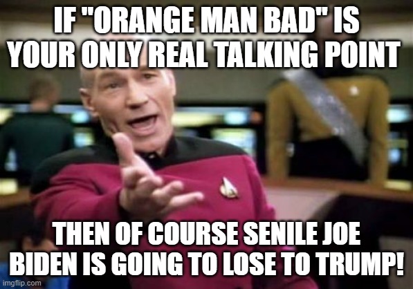Picard Wtf Meme | IF "ORANGE MAN BAD" IS YOUR ONLY REAL TALKING POINT; THEN OF COURSE SENILE JOE BIDEN IS GOING TO LOSE TO TRUMP! | image tagged in memes,picard wtf | made w/ Imgflip meme maker