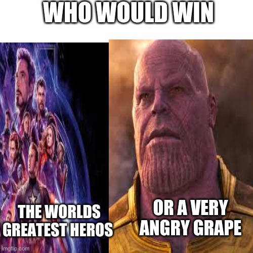 avengers | WHO WOULD WIN; OR A VERY ANGRY GRAPE; THE WORLDS GREATEST HEROS | image tagged in memes,who would win | made w/ Imgflip meme maker