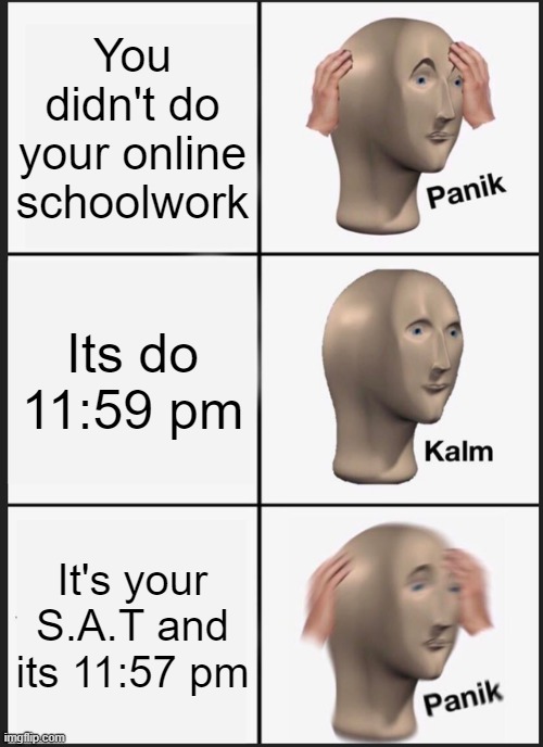 online school has benefits and.... | You didn't do your online schoolwork; Its do 11:59 pm; It's your S.A.T and its 11:57 pm | image tagged in memes,panik kalm panik | made w/ Imgflip meme maker