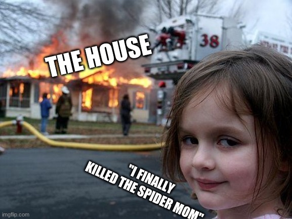 I killed the spider | THE HOUSE; "I FINALLY KILLED THE SPIDER MOM" | image tagged in memes,disaster girl | made w/ Imgflip meme maker