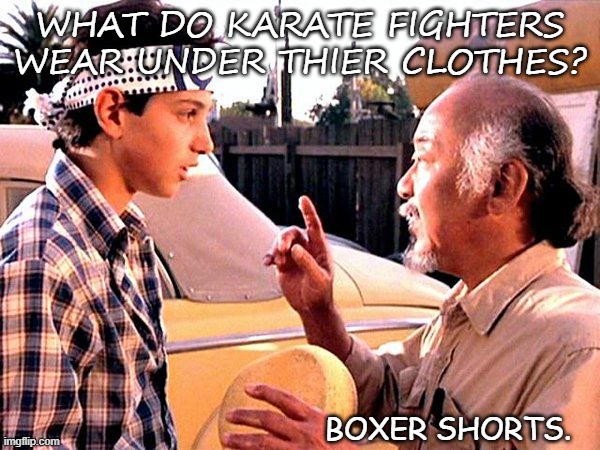 Daily Bad Dad Joke May 27 2020 | WHAT DO KARATE FIGHTERS WEAR UNDER THIER CLOTHES? BOXER SHORTS. | image tagged in karate kid | made w/ Imgflip meme maker