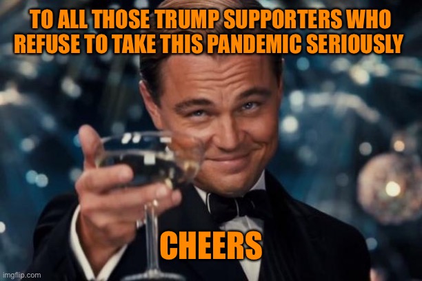 Leonardo Dicaprio Cheers Meme | TO ALL THOSE TRUMP SUPPORTERS WHO REFUSE TO TAKE THIS PANDEMIC SERIOUSLY CHEERS | image tagged in memes,leonardo dicaprio cheers | made w/ Imgflip meme maker