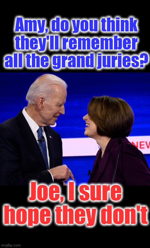Accountability | Amy, do you think they'll remember all the grand juries? Joe, I sure hope they don't | image tagged in joe biden,amy klobuchar,grand jury,police brutality | made w/ Imgflip meme maker
